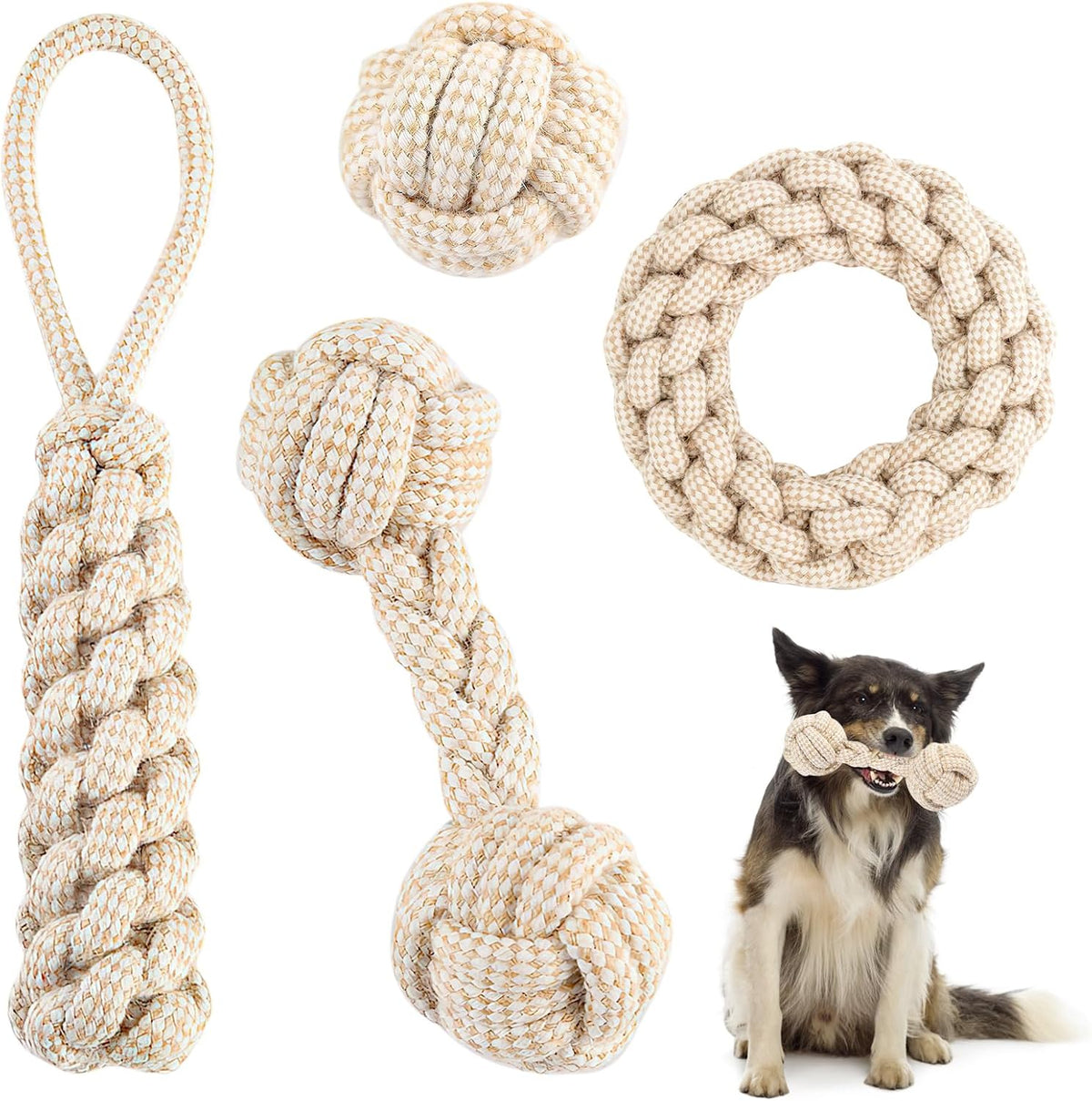 Hundeseil-Spielzeug im 4er-Set – Beige