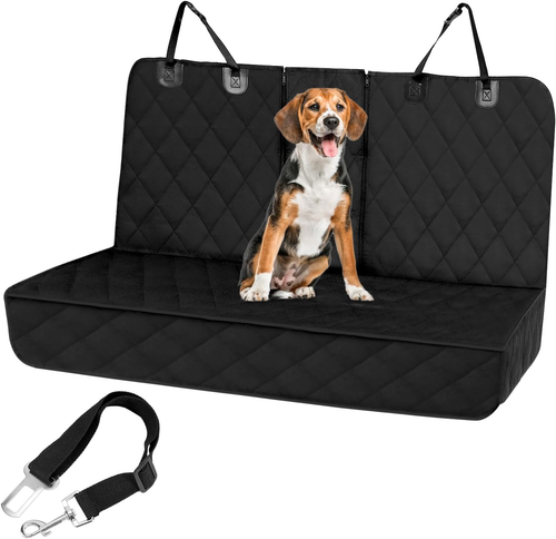 Schwarze QWORK-Autoschondecke für die Rückbank mit Hund und beigelegter Befestigungsleine